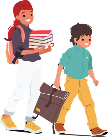 Younger boy and elder girl going to study at school for cognition and learning  Illustration