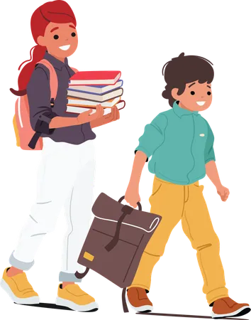 Younger boy and elder girl going to study at school for cognition and learning  Illustration