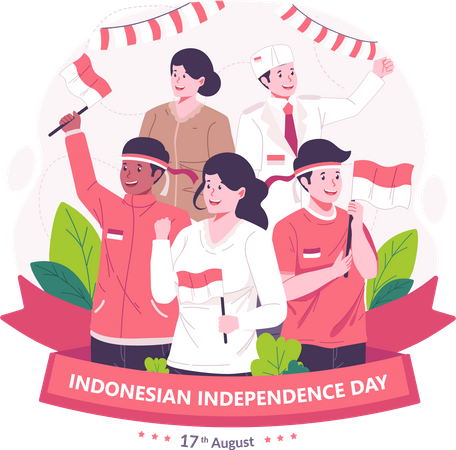 Youth celebrate Indonesia's Independence Day by holding the red and white Indonesian flag  Illustration