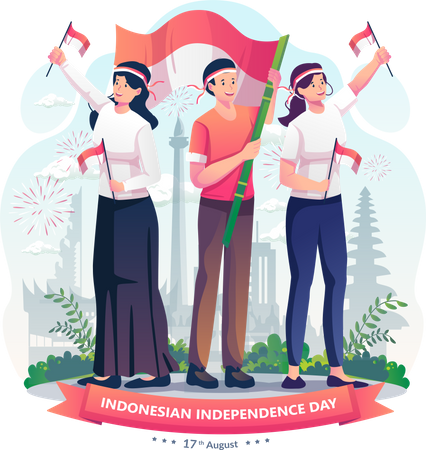 Youth celebrate Indonesia's independence day by holding the red and white Indonesian flag  Illustration