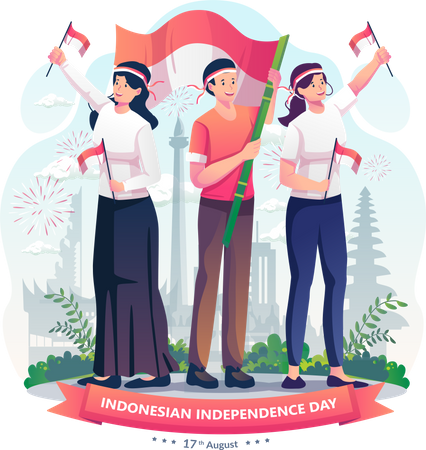 Youth celebrate Indonesia's independence day by holding the red and white Indonesian flag  Illustration