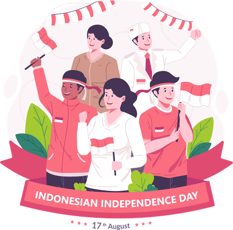 Youth celebrate Indonesia's Independence Day by holding the red and white Indonesian flag  Illustration