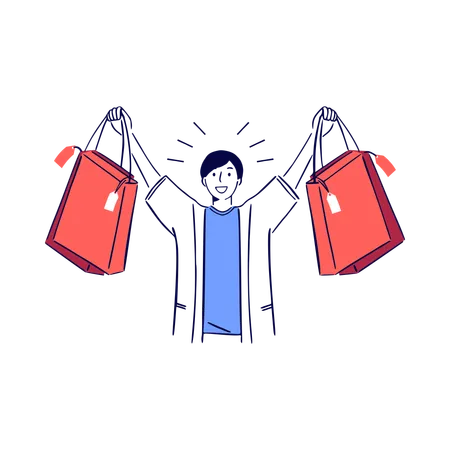 Youth Excited boy with Shopping Bags  Illustration