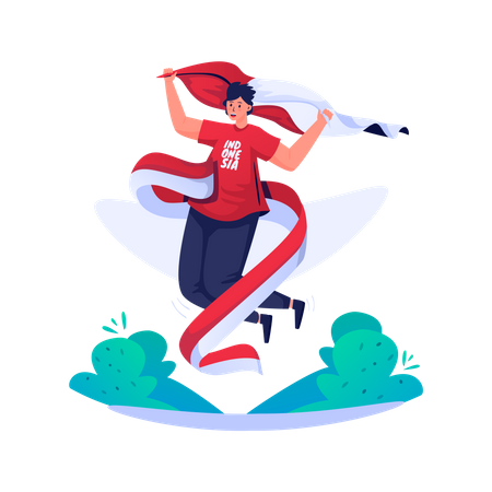 Youth man jumping with Indonesian flag  Illustration