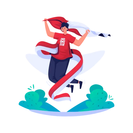 Happy Indonesian Youth Jumping With Flag Celebrating Indonesian National Day Illustration