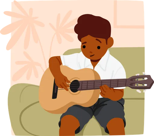 Youthful Guitarist Boy Strums With Joy Fingers Dancing On Strings Innocent Eyes Fixate On The Instrument Lost In Melodies Of Imagination And The Beauty Of Music Cartoon People Vector Illustration Illustration