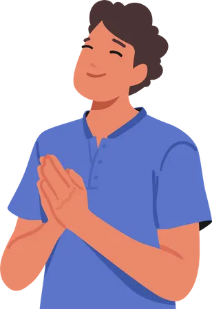 Youthful Man Eyes Closed And Palms Pressed Bows In Earnest Prayer Seeking Solace And Guidance From A Higher Realm Male Character With Peaceful Expression Praying Cartoon People Vector Illustration Illustration