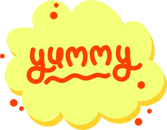 This Delicious Looking Sticker Captures The Essence Of Tastiness With Yummy Written In Playful Red Script Across A Bright Yellow Cloud Perfect For Food Lovers And Culinary Themes Illustration