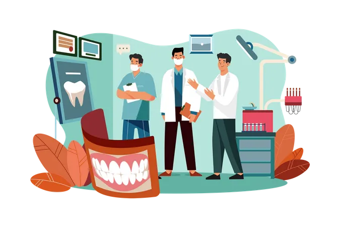 Zahnärzte demonstrieren Patienten an Bord ein Kieferröntgen  Illustration