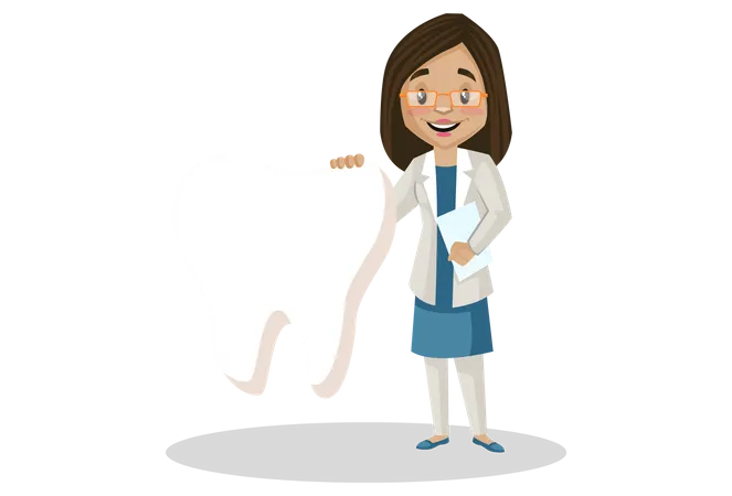 Zahnärztin steht mit Zahn  Illustration
