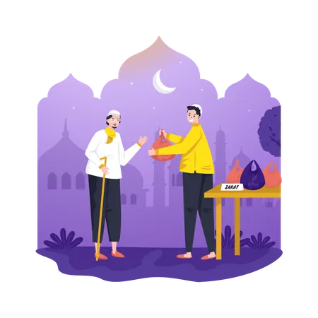 Um Muculmano Paga E Distribui O Ramadan Zakat Ilustração