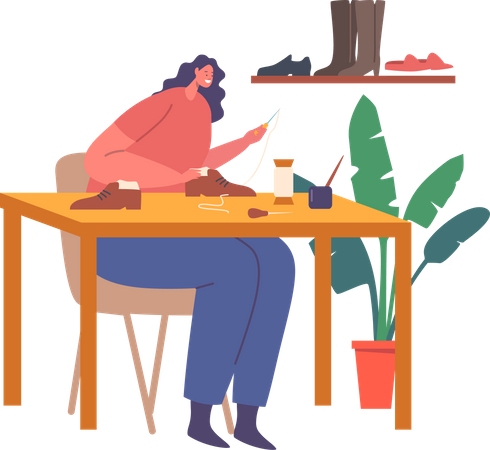 Mujer zapatera sentada en el lugar de trabajo crear calzado hecho a mano  Ilustración