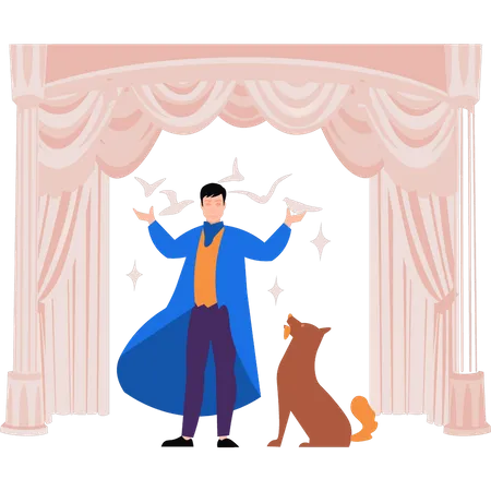 Zauberer führt Zaubertricks mit Haustier vor  Illustration
