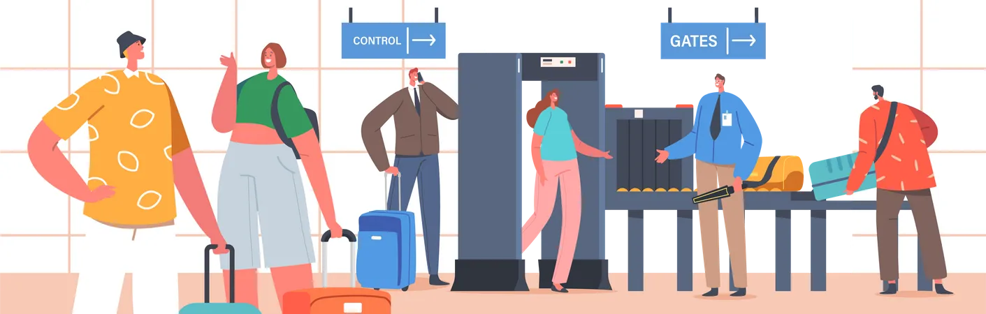 Charaktere am Flughafen passieren die Sicherheitskontrolle durch den Metalldetektor  Illustration
