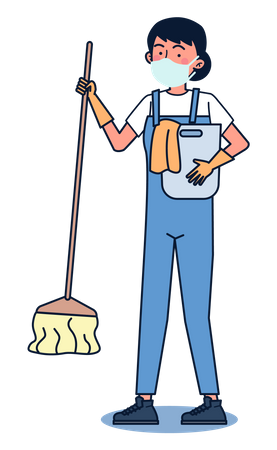 Zelador limpando o chão e segurando um balde de água  Ilustração