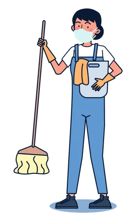 Zelador limpando o chão e segurando um balde de água  Ilustração
