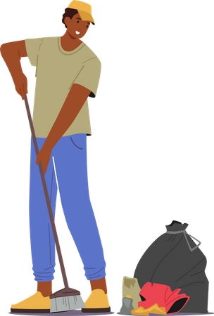 Zelador masculino segurando vassoura para varrer o gramado do lixo e do lixo  Ilustração