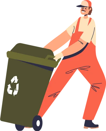Trabalhador Zelador Empurra Lixeira Recipiente De Residuos Para Reciclagem Trabalhador Sanitario De Uniforme Coleta Lixo Na Rua Conceito De Transportador De Lixo E Reutilizacao Ilustracao Em Vetor Plana Dos Desenhos Animados Ilustração