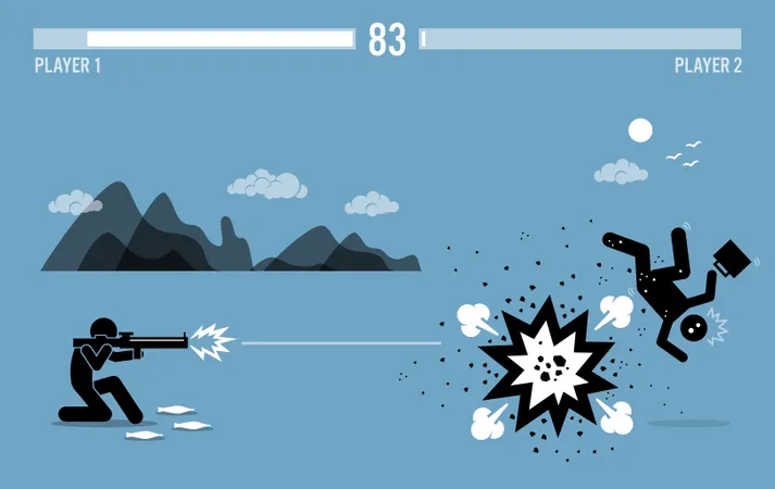 Zerstoren Eines Konkurrenten Mit Einer Bazooka Vektorgrafik Zeigt Eine Kampfende Videospielfigur Mit Einer Gesundheitsleiste Oben Drauf Illustration
