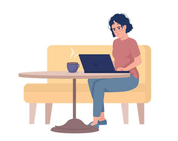 Ungepflegte Frau tippt auf Laptop von Café-Sitzplatz  Illustration