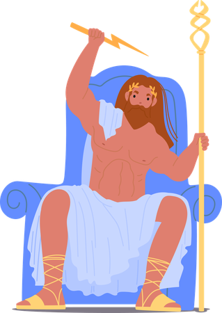 Zeus, o antigo deus grego, personagem sentado majestosamente no trono real, segurando um raio e um cetro  Ilustração