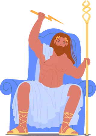 Zeus, o antigo deus grego, personagem sentado majestosamente no trono real, segurando um raio e um cetro  Ilustração