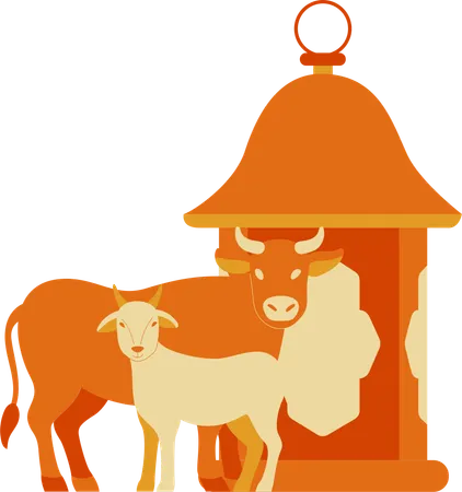 Ziege und Kuh mit Laterne  Illustration