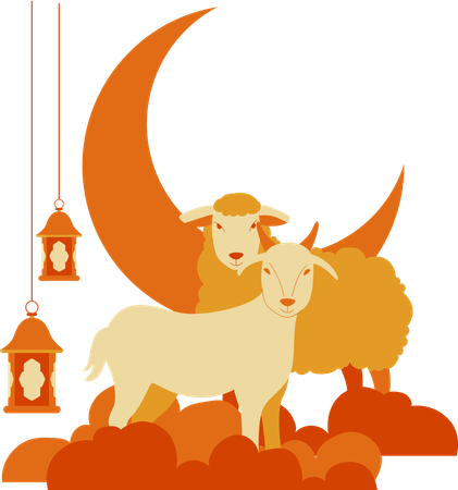 Ziege und Schaf über Wolken und Laterne  Illustration