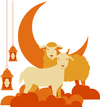 Ziege und Schaf über Wolken und Laterne  Illustration