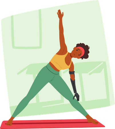 Zielstrebige Sportlerin mit Armprothese praktiziert Yoga im Fitnessstudio  Illustration