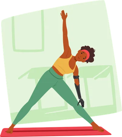 Zielstrebige Sportlerin mit Armprothese praktiziert Yoga im Fitnessstudio  Illustration