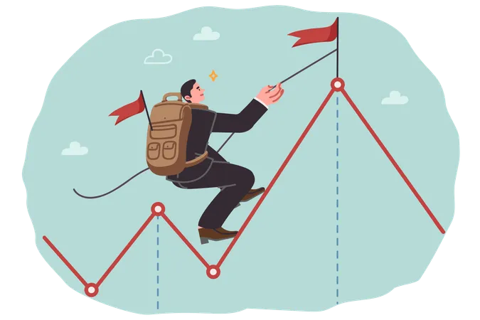 Zielstrebiger Geschäftsmann erreicht ehrgeiziges Ziel, indem er auf wachsender Finanzkurve die Flagge erklimmt  Illustration