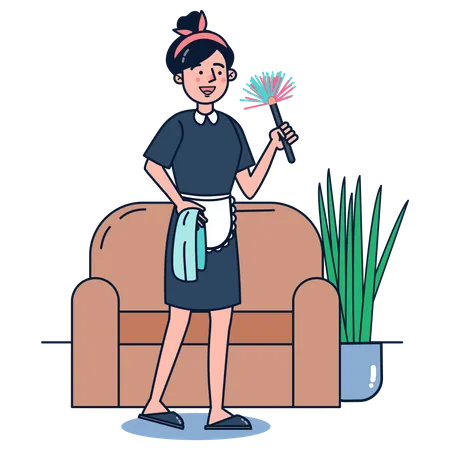 Zimmermädchen staubt Couch mit Staubbürste ab  Illustration