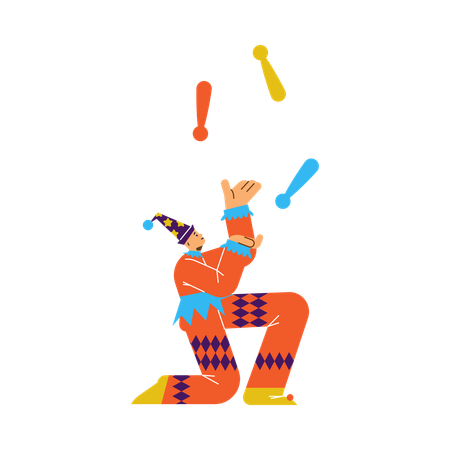 Zirkusartist im Narrenkostüm jongliert mit Bällen  Illustration