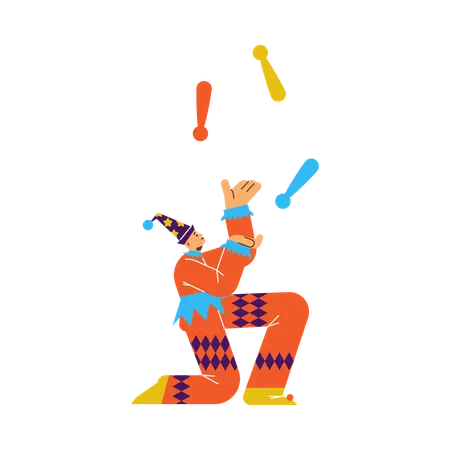 Zirkusartist im Narrenkostüm jongliert mit Bällen  Illustration
