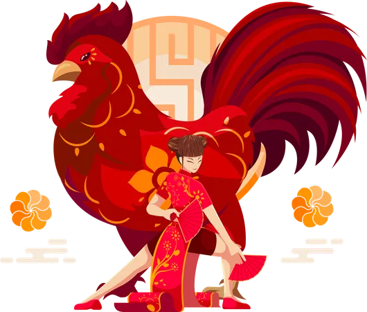 Coq du zodiaque chinois avec une fille chinoise  Illustration