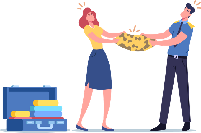 Zollbeamte konfiszieren Eigentum von Touristen am Flughafen  Illustration