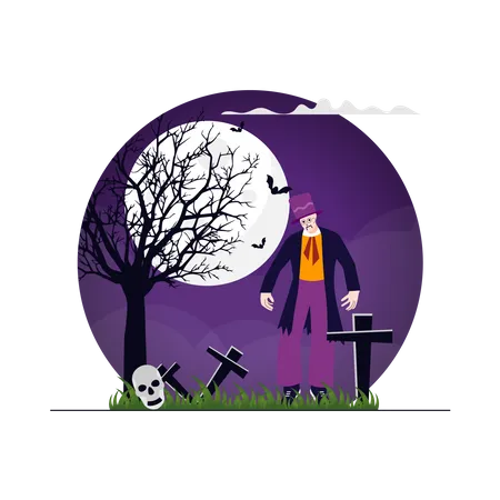 Zombie caminando en el cementerio  Ilustración