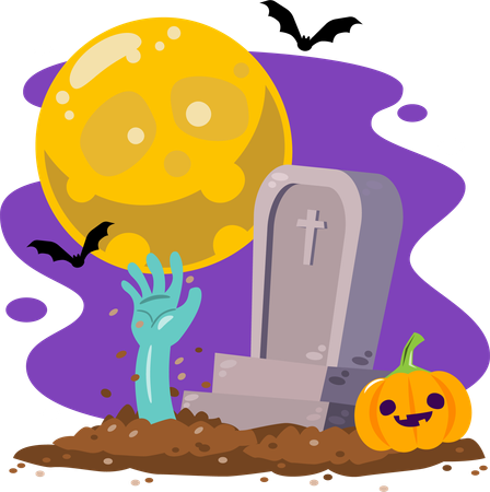 Zombi saliendo de una lápida en la noche de luna llena de Halloween  Ilustración
