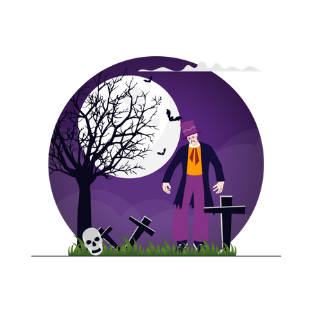 Zombie läuft auf dem Friedhof  Illustration