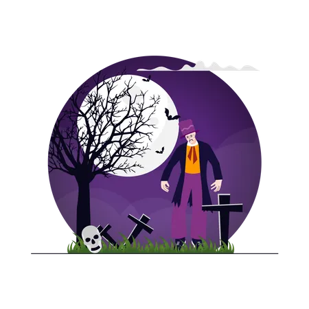 Zombie läuft auf dem Friedhof  Illustration
