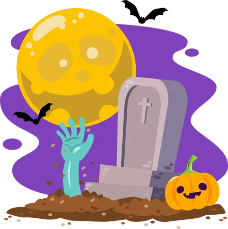 Zombie out of tombstone in halloween full moon night  Illustration