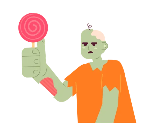Zombie With Lollipop Semi Flat Color Vector Character Classic Halloween Monster Helloween Costume Editable Half Body Person On White Simple Cartoon Spot Illustration For Web Graphic Design Illustration