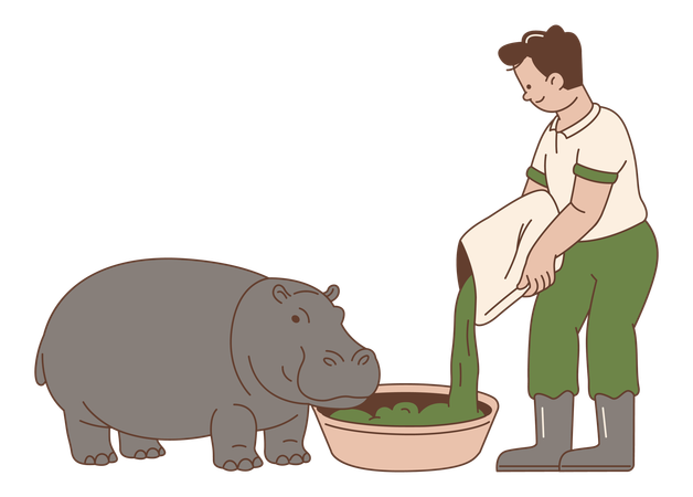 Zookeeper Feeding Hippo  Illustration