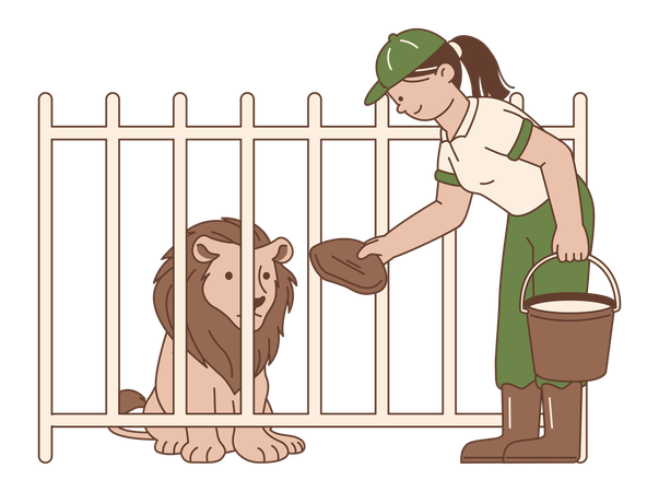 Zookeeper Feeding Lion  Illustration