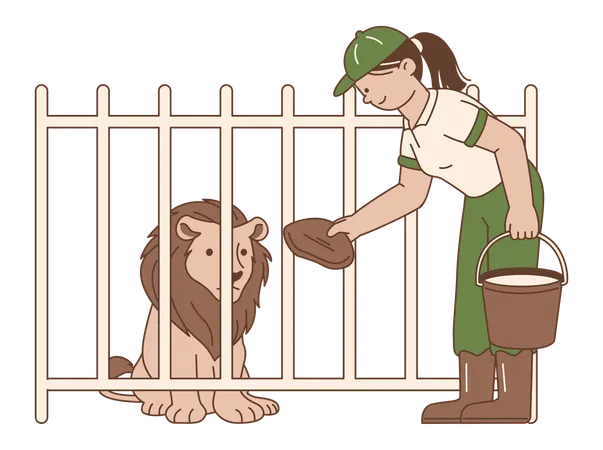 Zookeeper Feeding Lion  Illustration