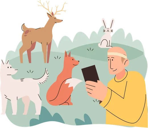 Zoologist study animals and birds in natural habitat  Illustration