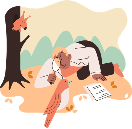 Zoologist study animals and birds in natural habitat  Illustration