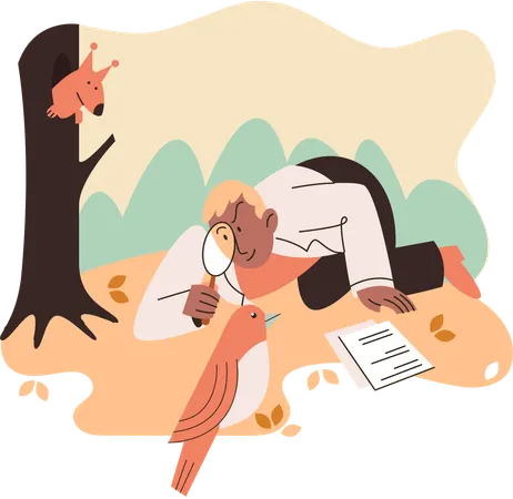 Zoologist study animals and birds in natural habitat  Illustration