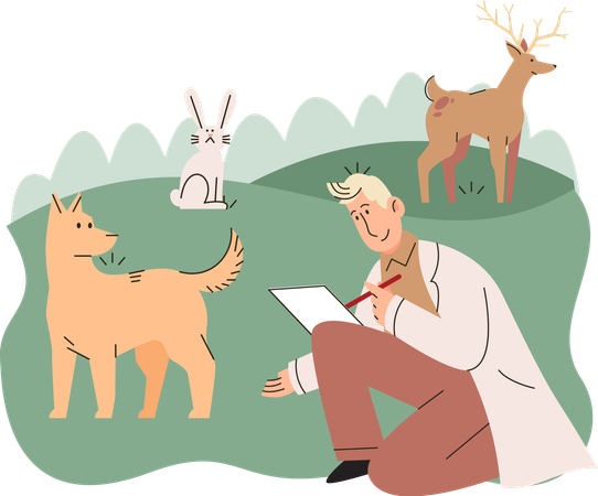 Zoologist study animals and birds in natural habitat  Illustration